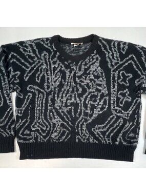 Vintage Beaucoup Men 2XL Black Grey Abstract Geometric Knit Crewneck Sweater
